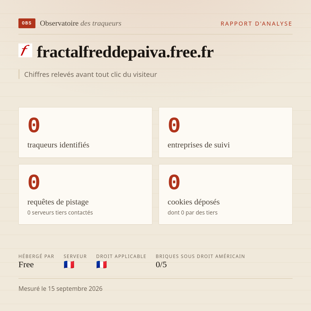 fractalfreddepaiva.free.fr : 0 traqueurs identifiés, 0 entreprises de suivi, 0 requêtes de pistage. Chiffres relevés avant tout clic du visiteur.