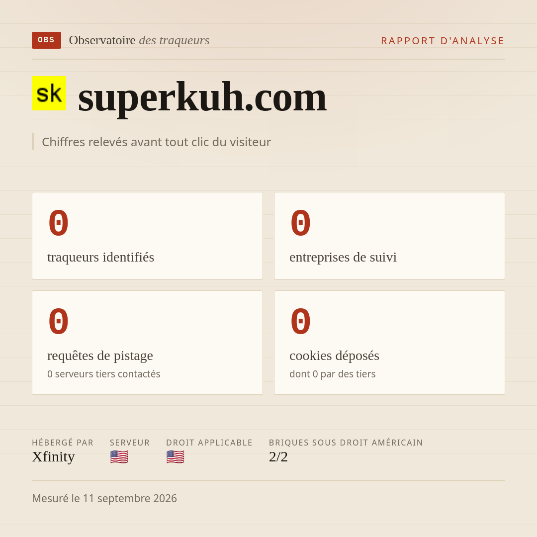 superkuh.com : 0 traqueurs identifiés, 0 entreprises de suivi, 0 requêtes de pistage. Chiffres relevés avant tout clic du visiteur.