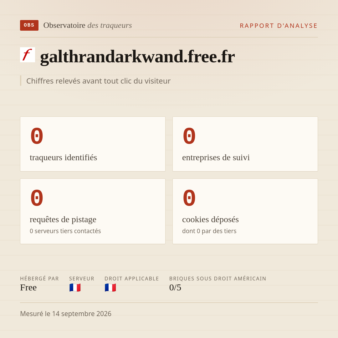 galthrandarkwand.free.fr : 0 traqueurs identifiés, 0 entreprises de suivi, 0 requêtes de pistage. Chiffres relevés avant tout clic du visiteur.