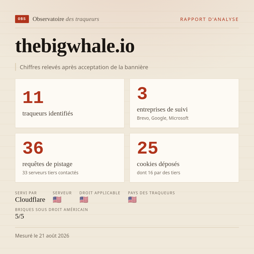 thebigwhale.io : 11 traqueurs identifiés, 3 entreprises de suivi, 36 requêtes de pistage. Chiffres relevés après acceptation de la bannière.