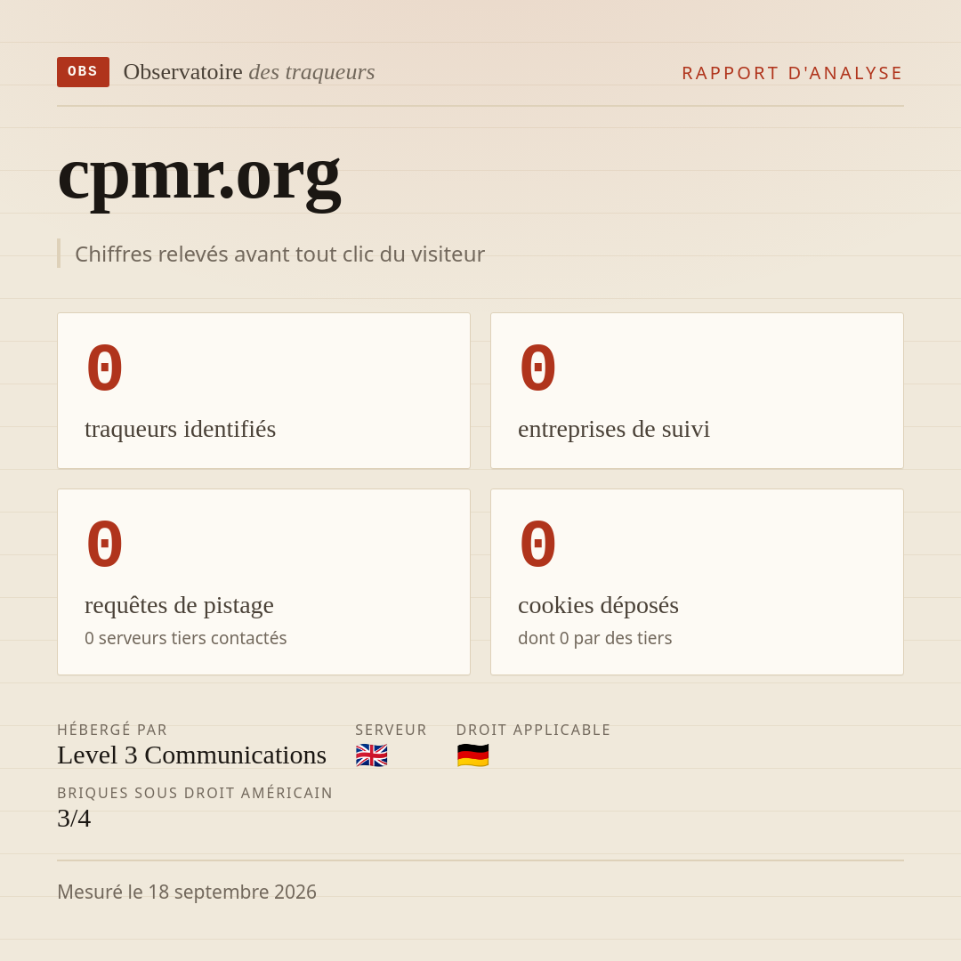 cpmr.org : 0 traqueurs identifiés, 0 entreprises de suivi, 0 requêtes de pistage. Chiffres relevés avant tout clic du visiteur.