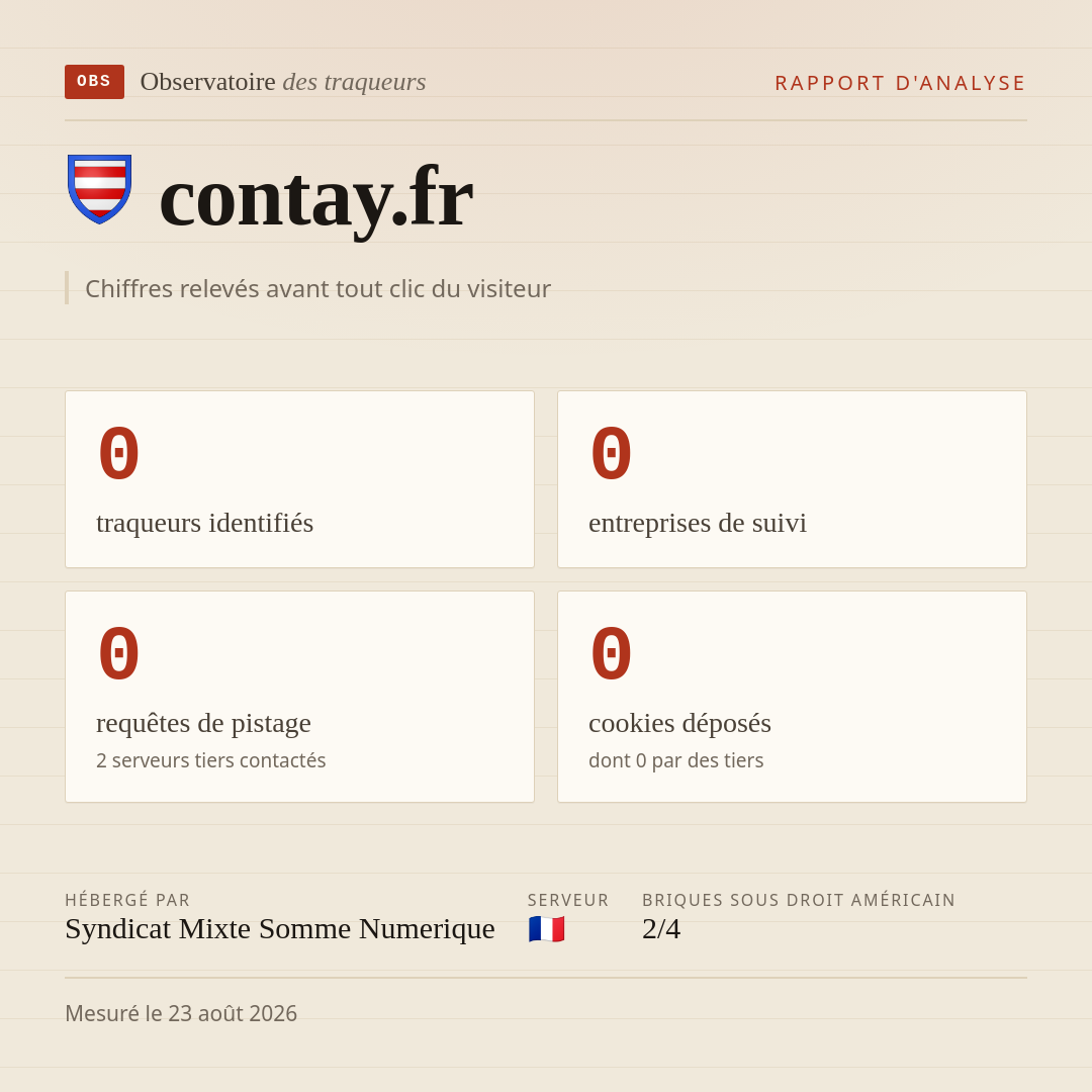 contay.fr : 0 traqueurs identifiés, 0 entreprises de suivi, 0 requêtes de pistage. Chiffres relevés avant tout clic du visiteur.