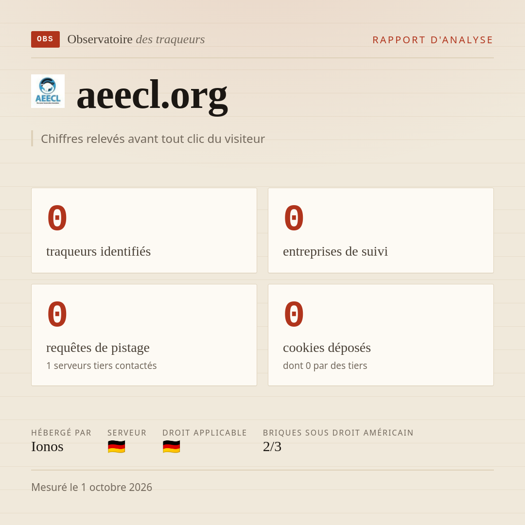 aeecl.org : 0 traqueurs identifiés, 0 entreprises de suivi, 0 requêtes de pistage. Chiffres relevés avant tout clic du visiteur.