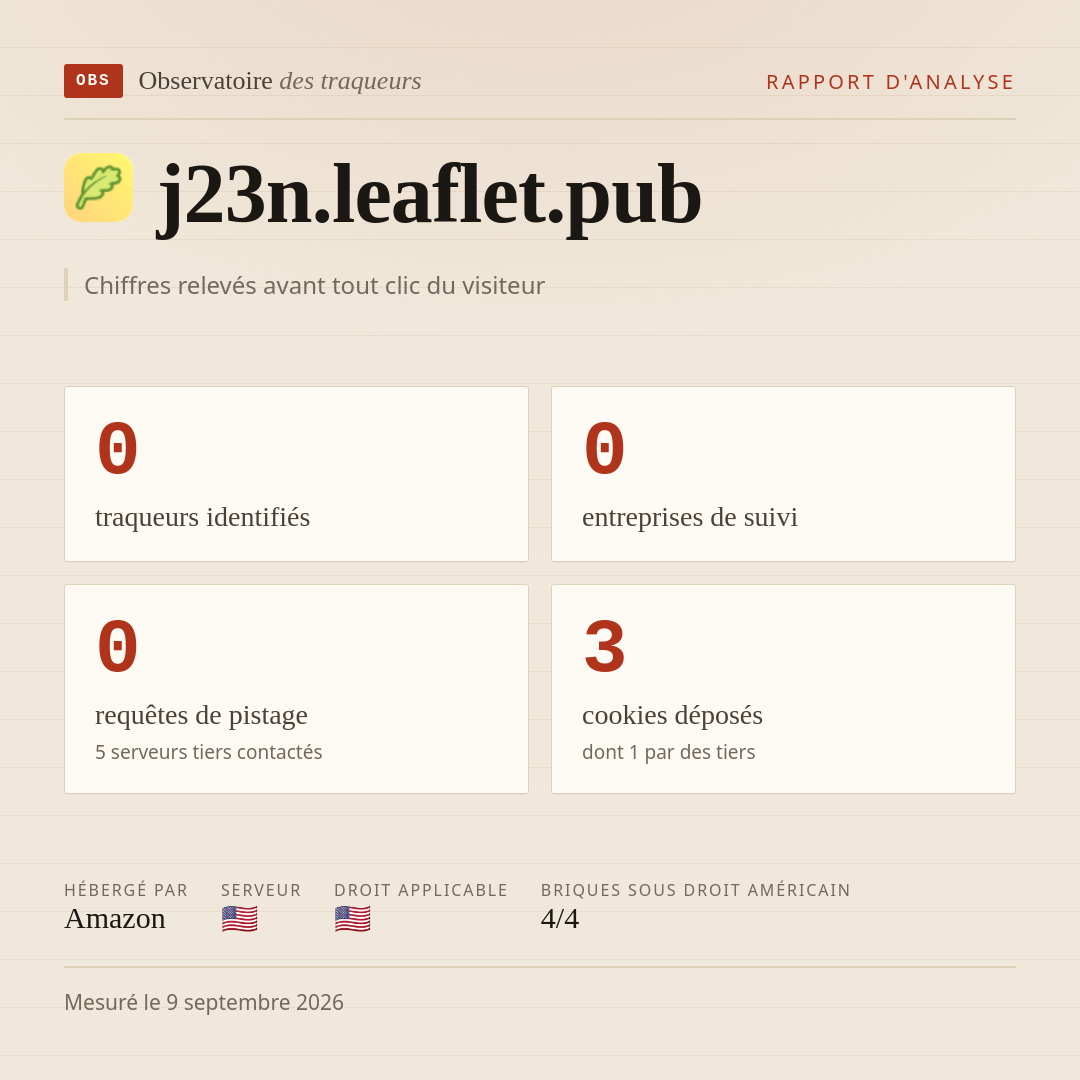 j23n.leaflet.pub : 0 traqueurs identifiés, 0 entreprises de suivi, 0 requêtes de pistage. Chiffres relevés avant tout clic du visiteur.