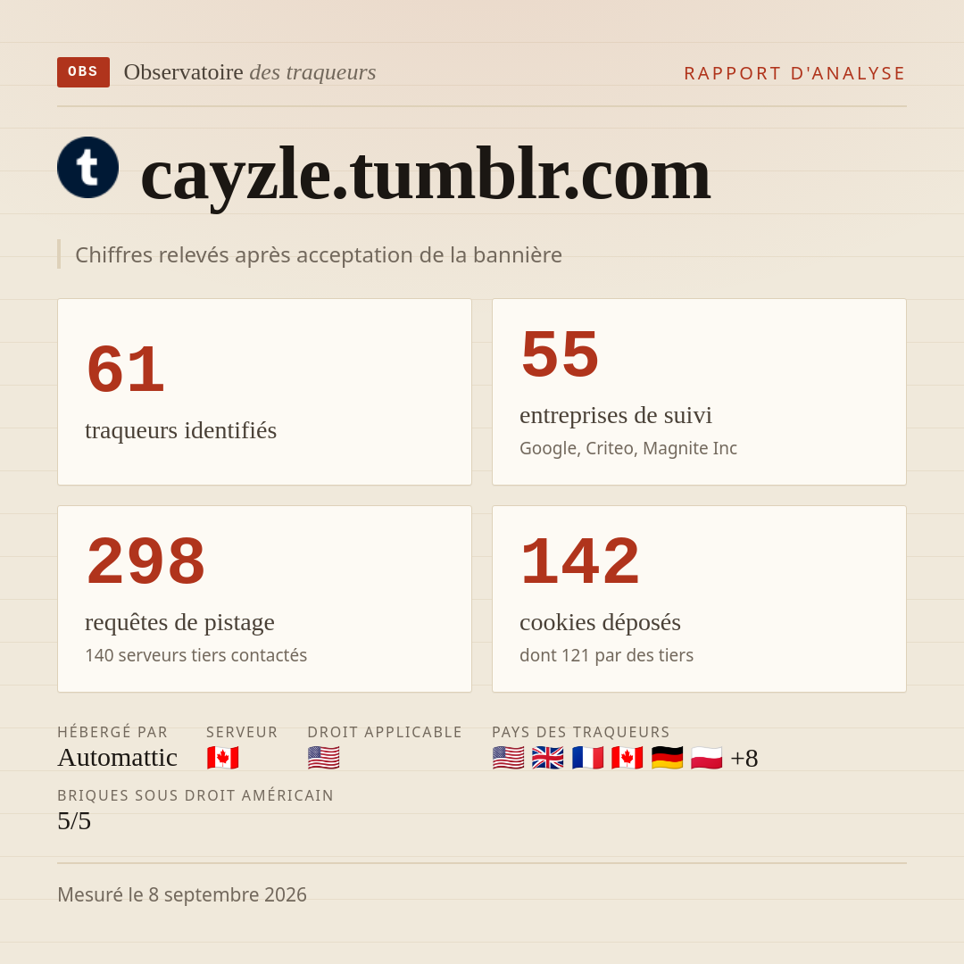 cayzle.tumblr.com : 61 traqueurs identifiés, 55 entreprises de suivi, 298 requêtes de pistage. Chiffres relevés après acceptation de la bannière.