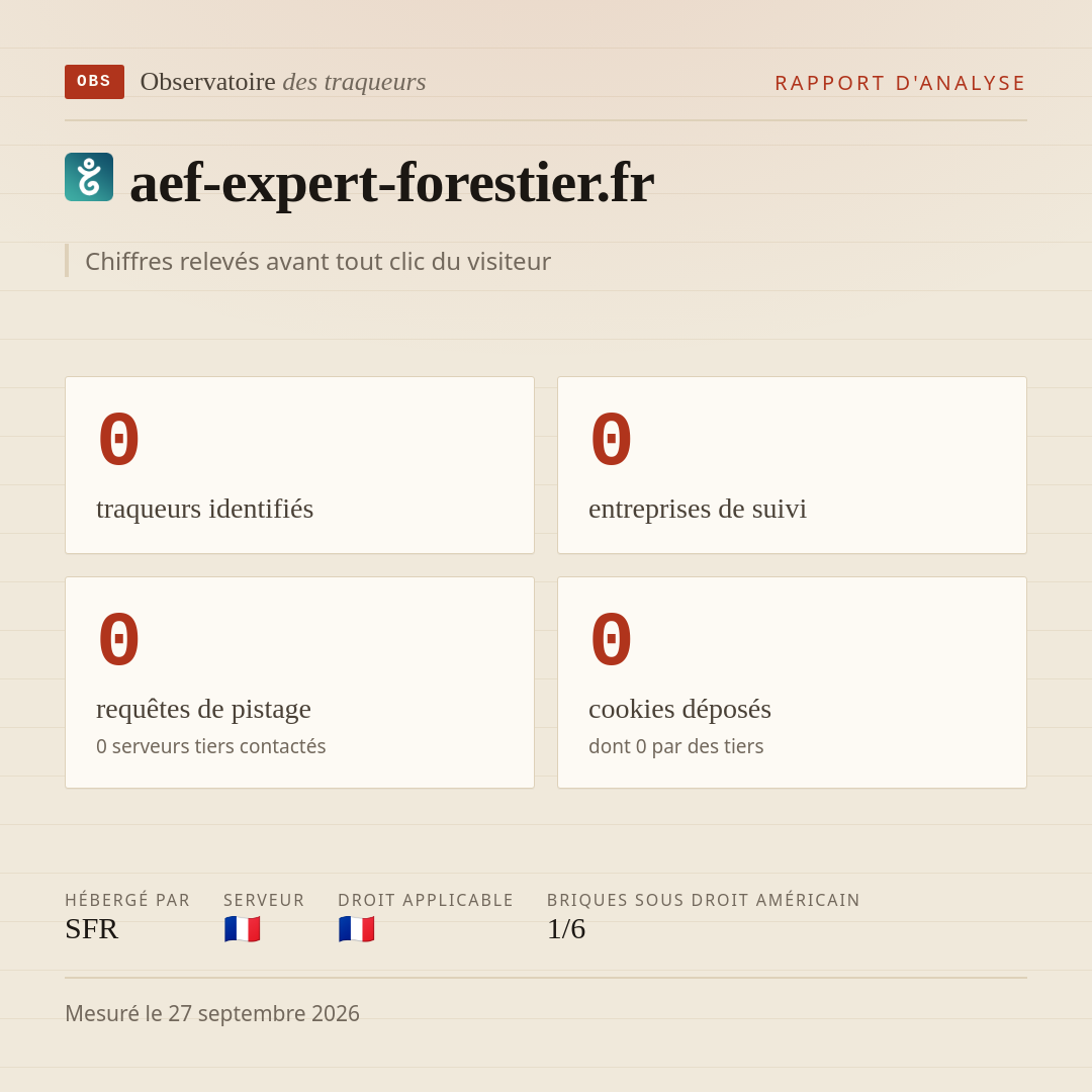 aef-expert-forestier.fr : 0 traqueurs identifiés, 0 entreprises de suivi, 0 requêtes de pistage. Chiffres relevés avant tout clic du visiteur.