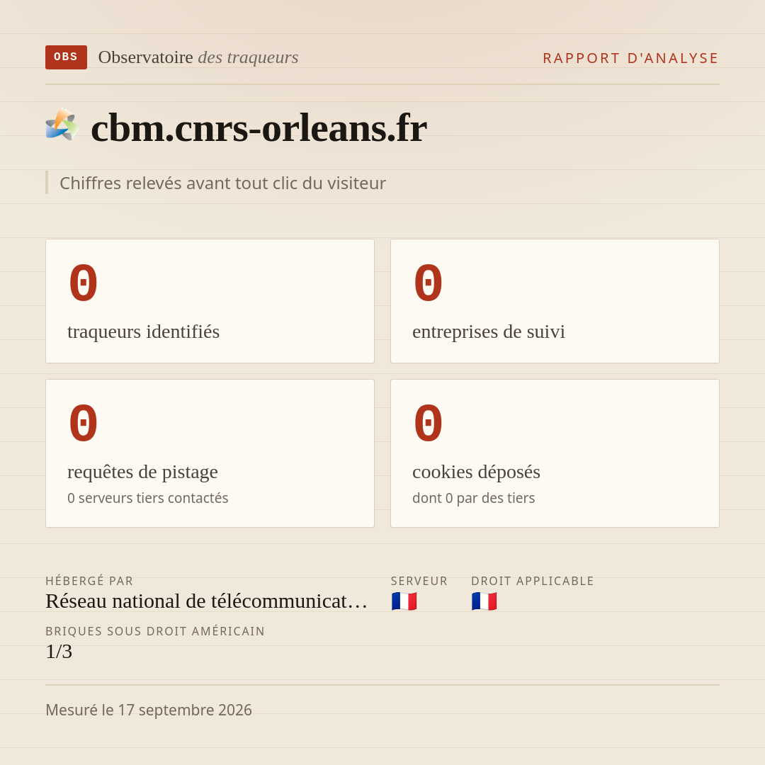 cbm.cnrs-orleans.fr : 0 traqueurs identifiés, 0 entreprises de suivi, 0 requêtes de pistage. Chiffres relevés avant tout clic du visiteur.