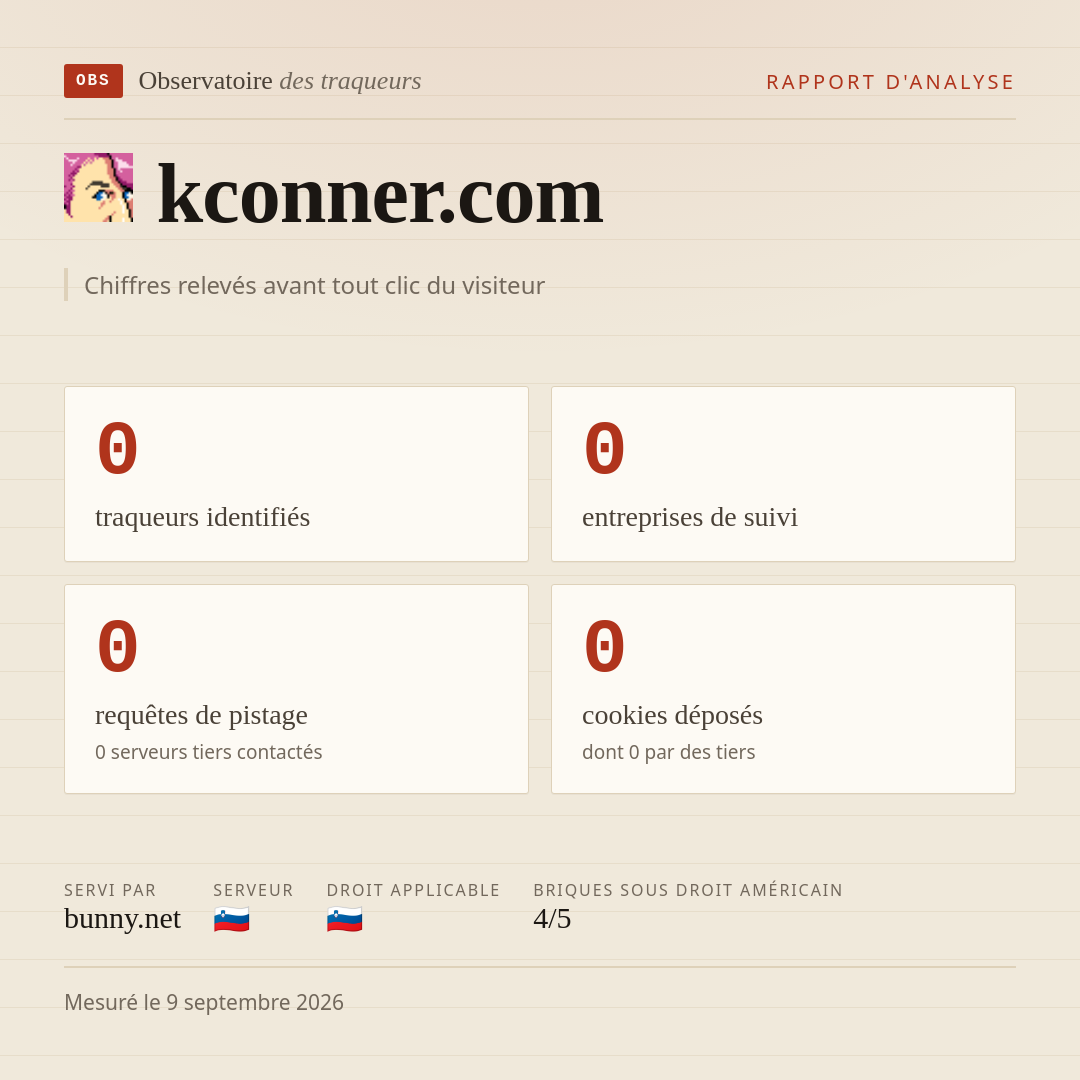 kconner.com : 0 traqueurs identifiés, 0 entreprises de suivi, 0 requêtes de pistage. Chiffres relevés avant tout clic du visiteur.