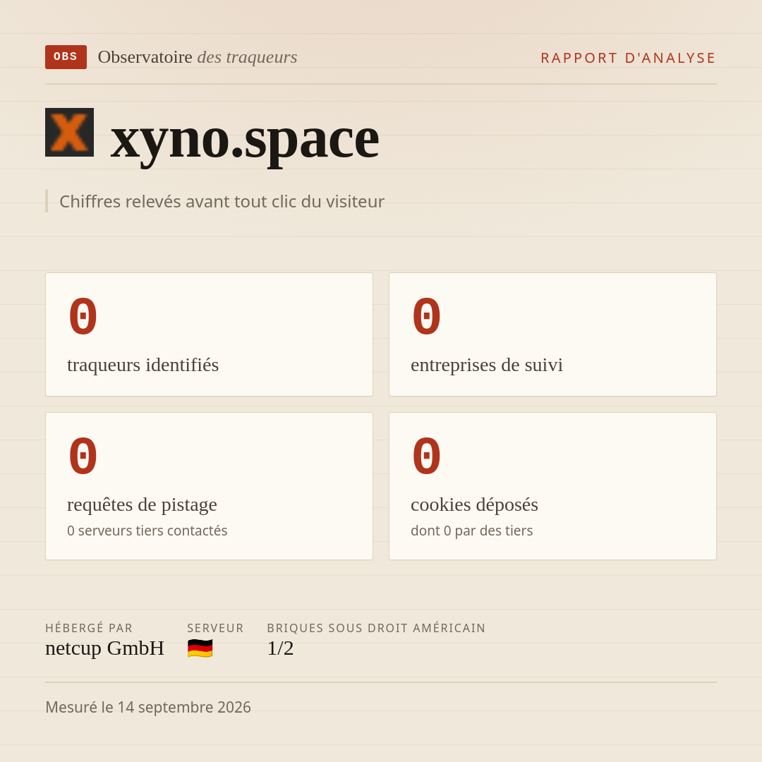 xyno.space : 0 traqueurs identifiés, 0 entreprises de suivi, 0 requêtes de pistage. Chiffres relevés avant tout clic du visiteur.