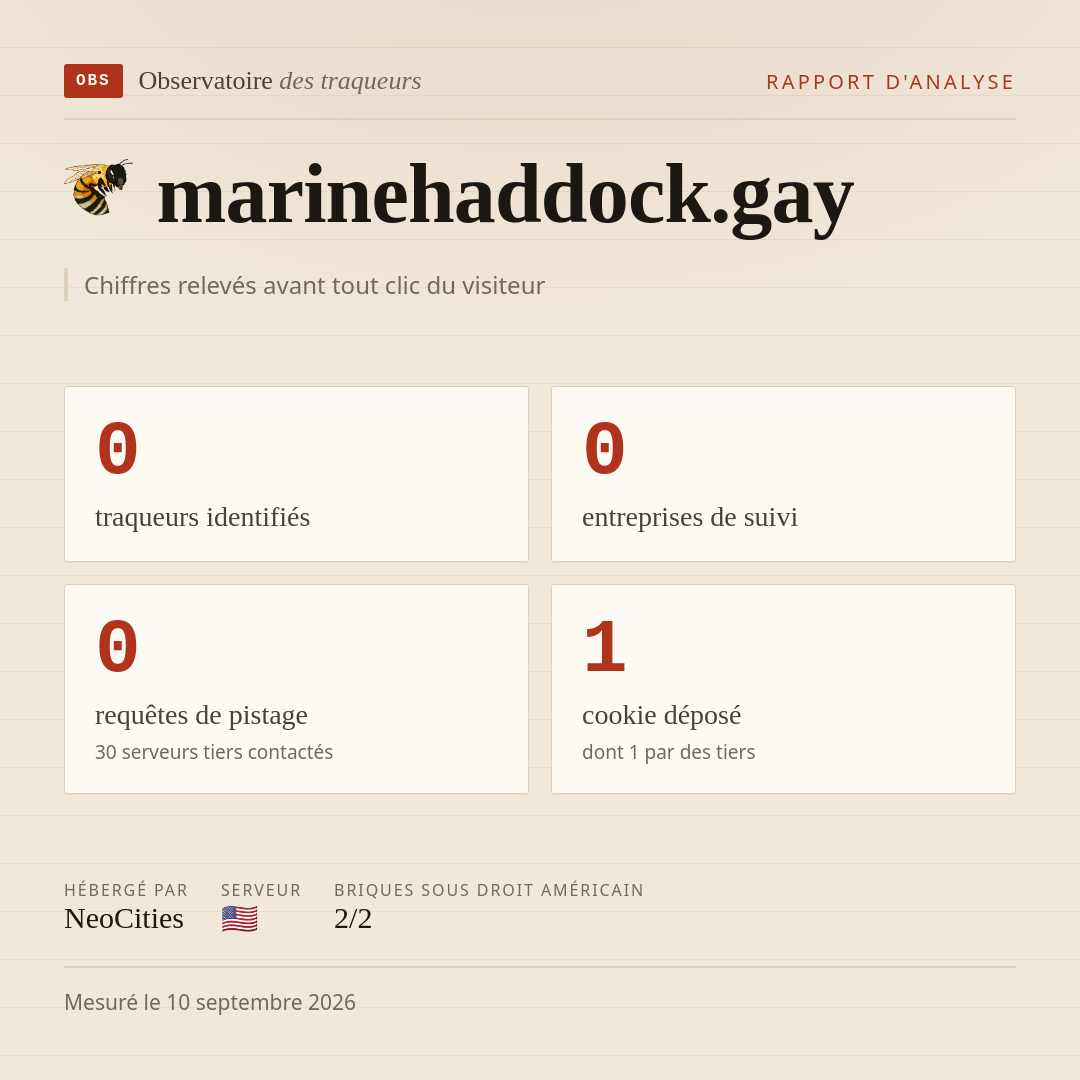 marinehaddock.gay : 0 traqueurs identifiés, 0 entreprises de suivi, 0 requêtes de pistage. Chiffres relevés avant tout clic du visiteur.