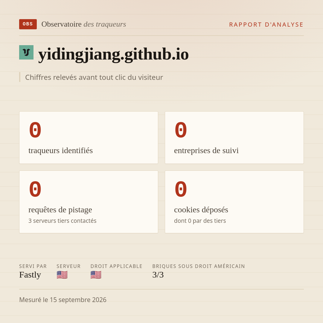 yidingjiang.github.io : 0 traqueurs identifiés, 0 entreprises de suivi, 0 requêtes de pistage. Chiffres relevés avant tout clic du visiteur.