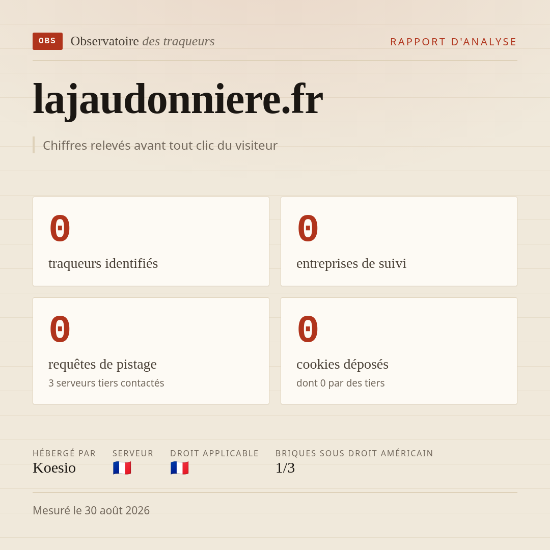 lajaudonniere.fr : 0 traqueurs identifiés, 0 entreprises de suivi, 0 requêtes de pistage. Chiffres relevés avant tout clic du visiteur.