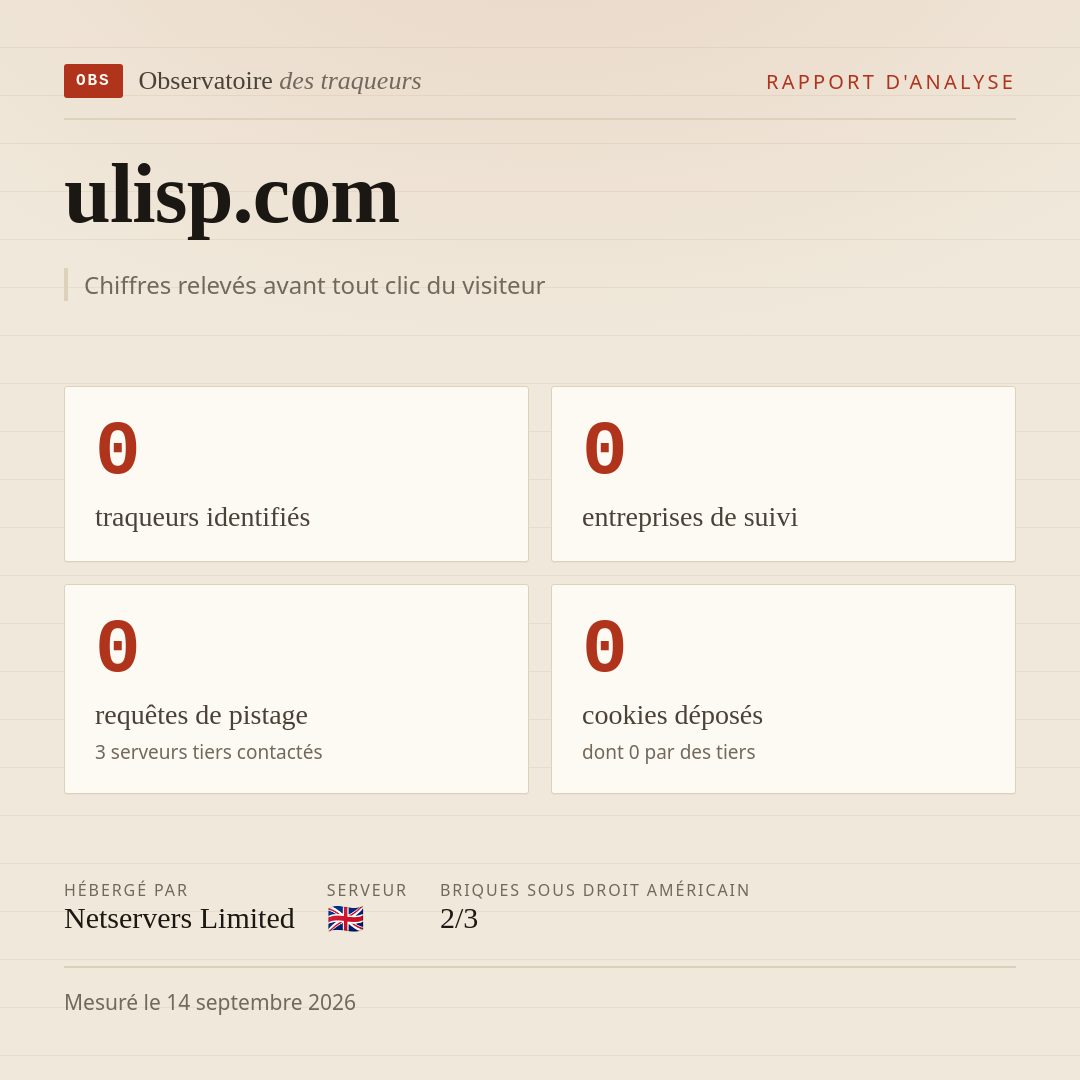 ulisp.com : 0 traqueurs identifiés, 0 entreprises de suivi, 0 requêtes de pistage. Chiffres relevés avant tout clic du visiteur.