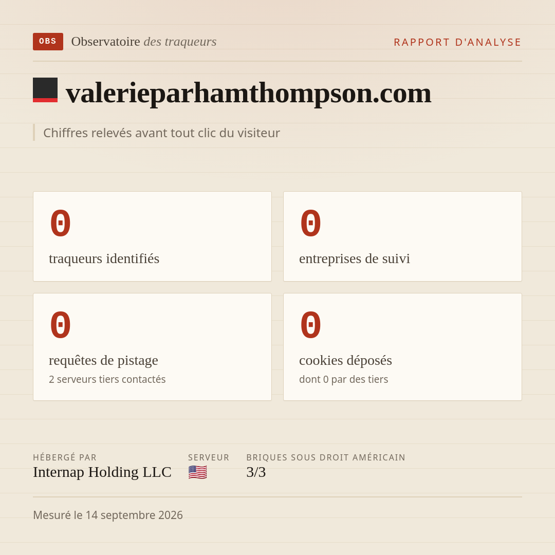 valerieparhamthompson.com : 0 traqueurs identifiés, 0 entreprises de suivi, 0 requêtes de pistage. Chiffres relevés avant tout clic du visiteur.