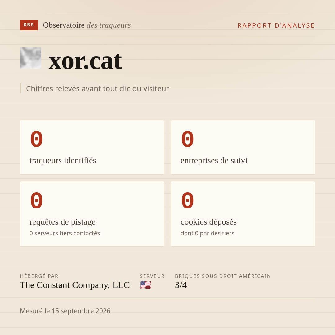 xor.cat : 0 traqueurs identifiés, 0 entreprises de suivi, 0 requêtes de pistage. Chiffres relevés avant tout clic du visiteur.