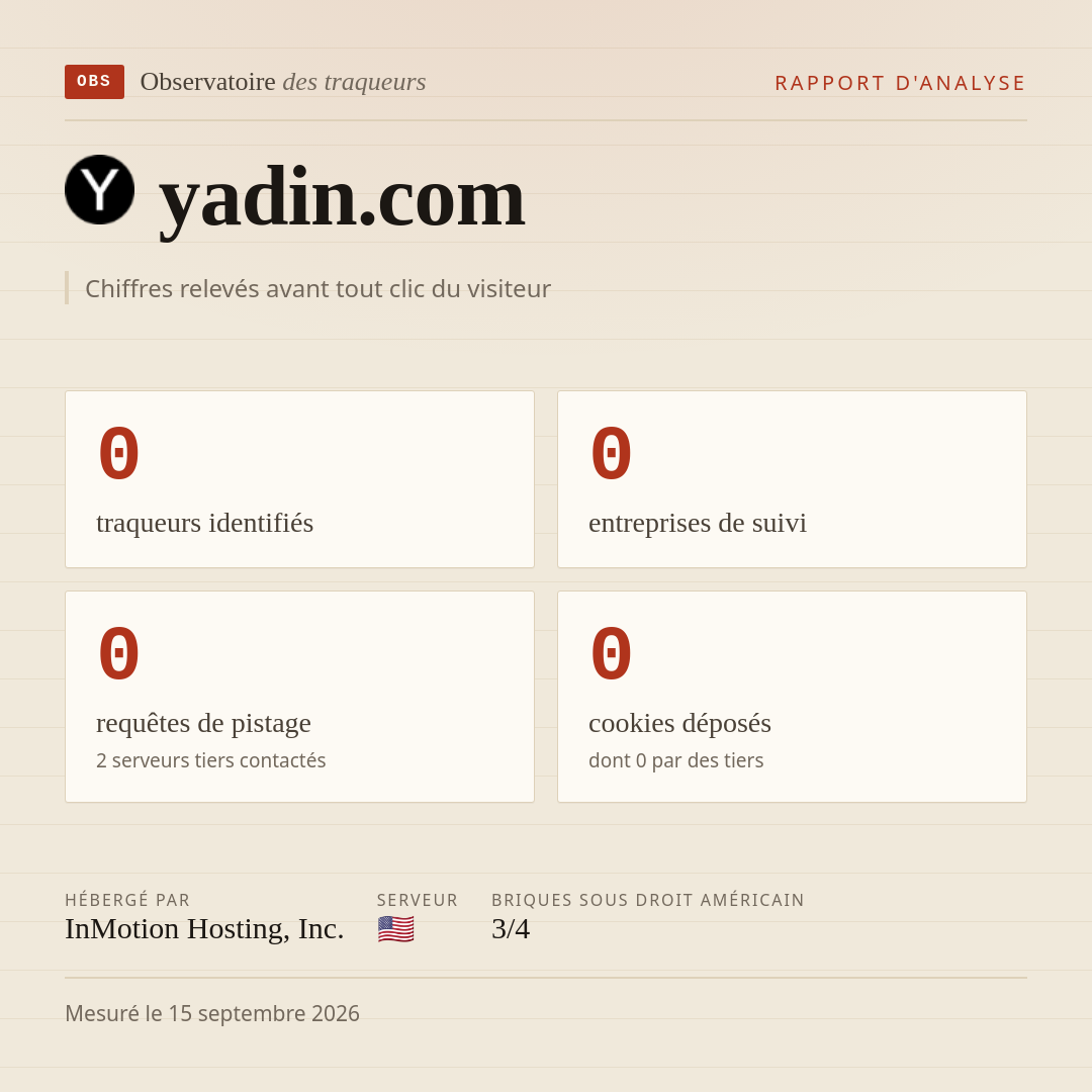 yadin.com : 0 traqueurs identifiés, 0 entreprises de suivi, 0 requêtes de pistage. Chiffres relevés avant tout clic du visiteur.