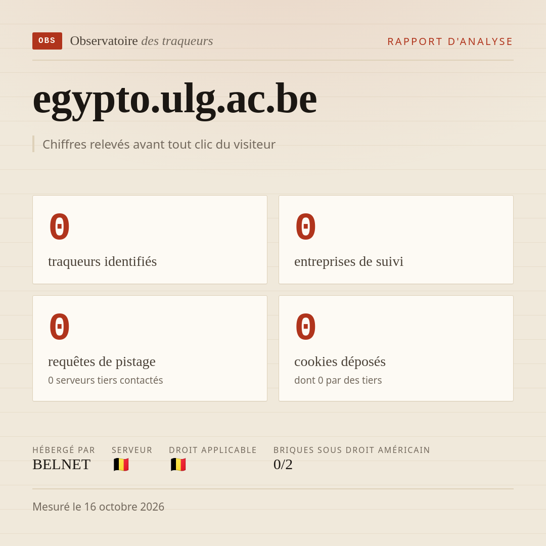 egypto.ulg.ac.be : 0 traqueurs identifiés, 0 entreprises de suivi, 0 requêtes de pistage. Chiffres relevés avant tout clic du visiteur.