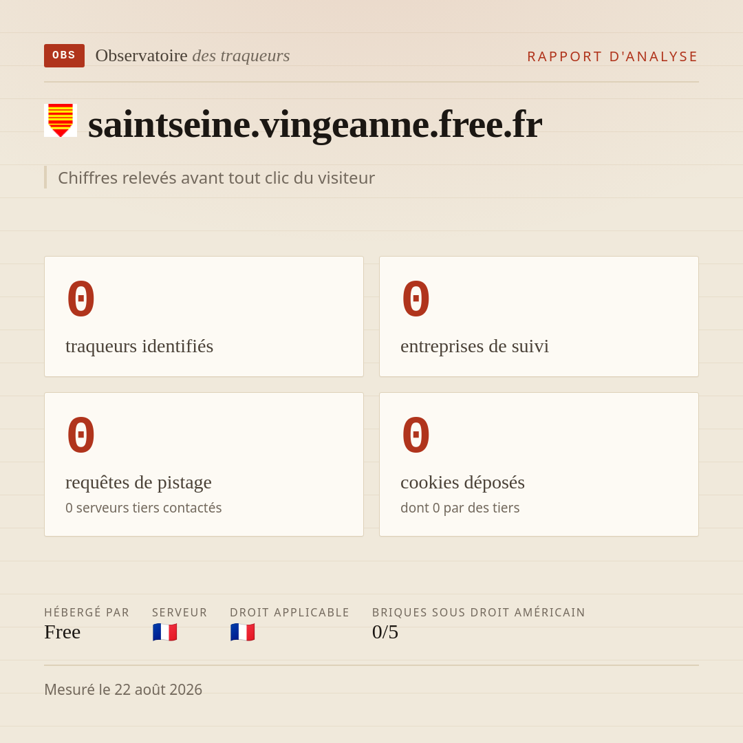 saintseine.vingeanne.free.fr : 0 traqueurs identifiés, 0 entreprises de suivi, 0 requêtes de pistage. Chiffres relevés avant tout clic du visiteur.