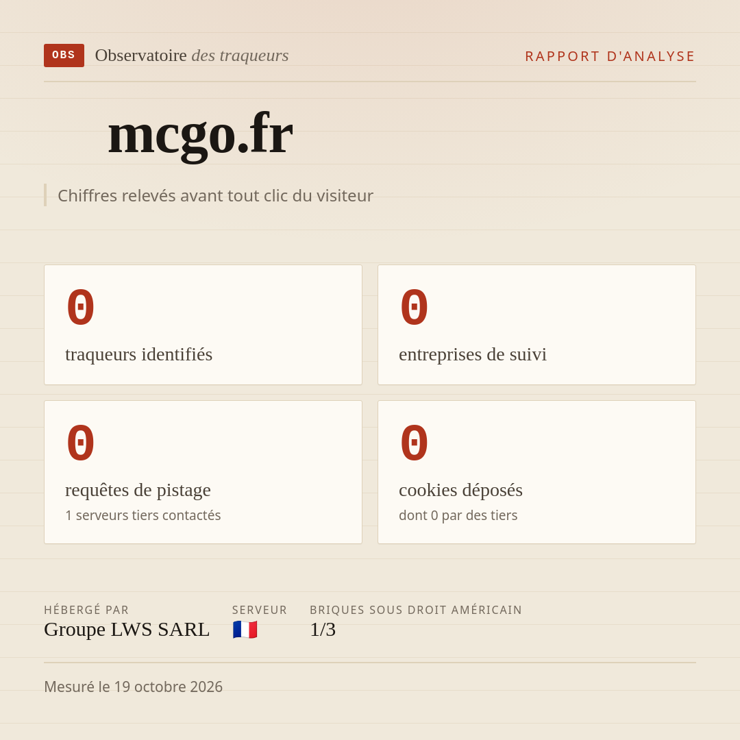 mcgo.fr : 0 traqueurs identifiés, 0 entreprises de suivi, 0 requêtes de pistage. Chiffres relevés avant tout clic du visiteur.