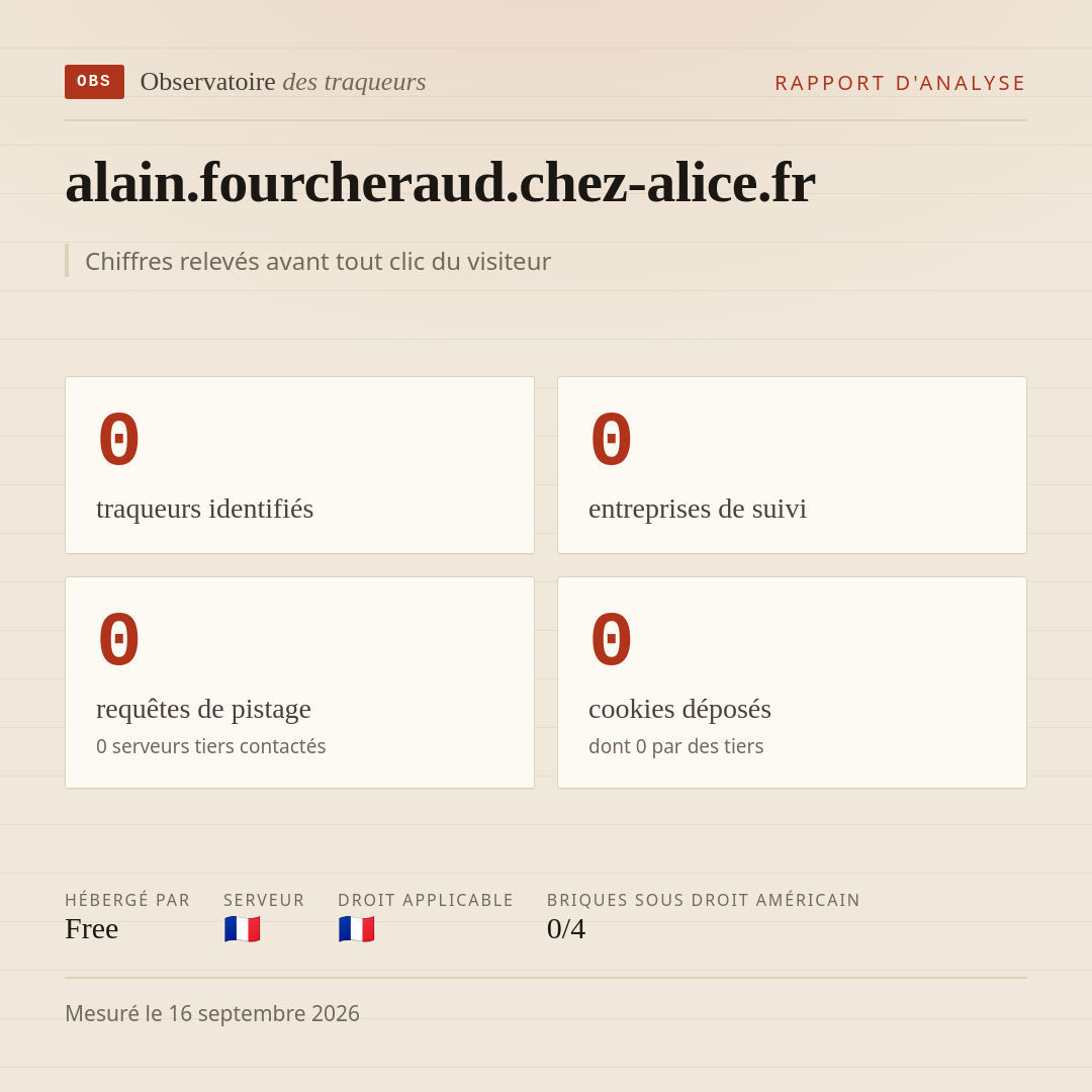 alain.fourcheraud.chez-alice.fr : 0 traqueurs identifiés, 0 entreprises de suivi, 0 requêtes de pistage. Chiffres relevés avant tout clic du visiteur.