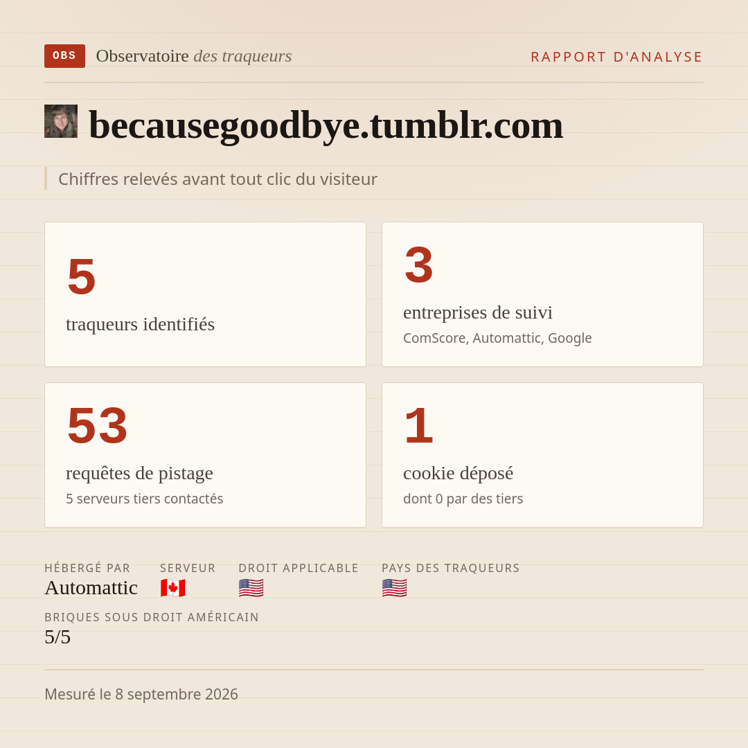 becausegoodbye.tumblr.com : 5 traqueurs identifiés, 3 entreprises de suivi, 53 requêtes de pistage. Chiffres relevés avant tout clic du visiteur.