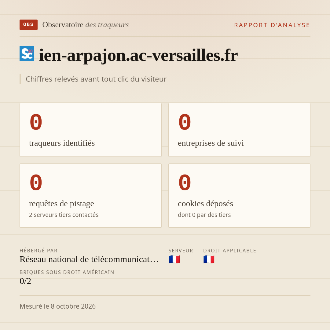 ien-arpajon.ac-versailles.fr : 0 traqueurs identifiés, 0 entreprises de suivi, 0 requêtes de pistage. Chiffres relevés avant tout clic du visiteur.