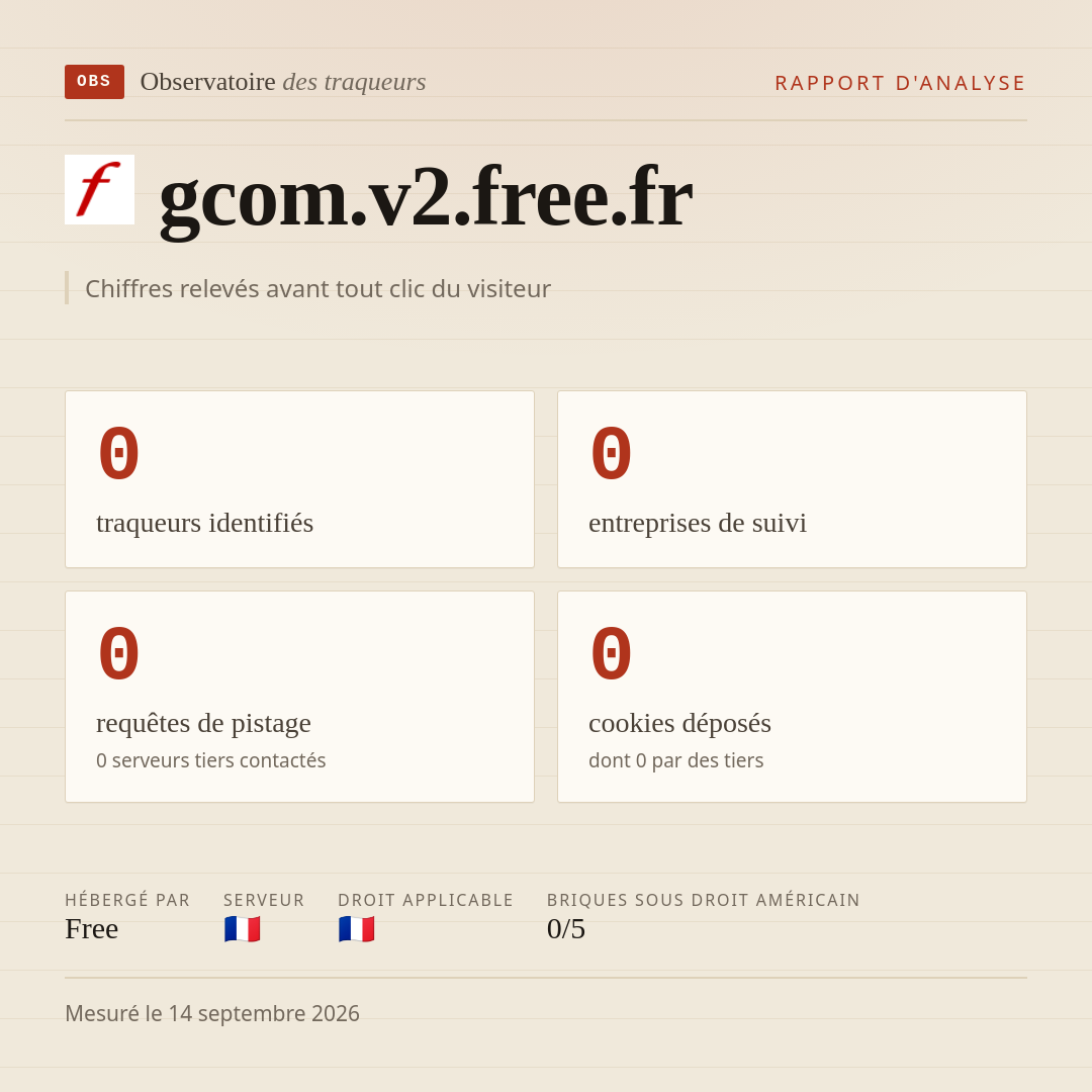 gcom.v2.free.fr : 0 traqueurs identifiés, 0 entreprises de suivi, 0 requêtes de pistage. Chiffres relevés avant tout clic du visiteur.