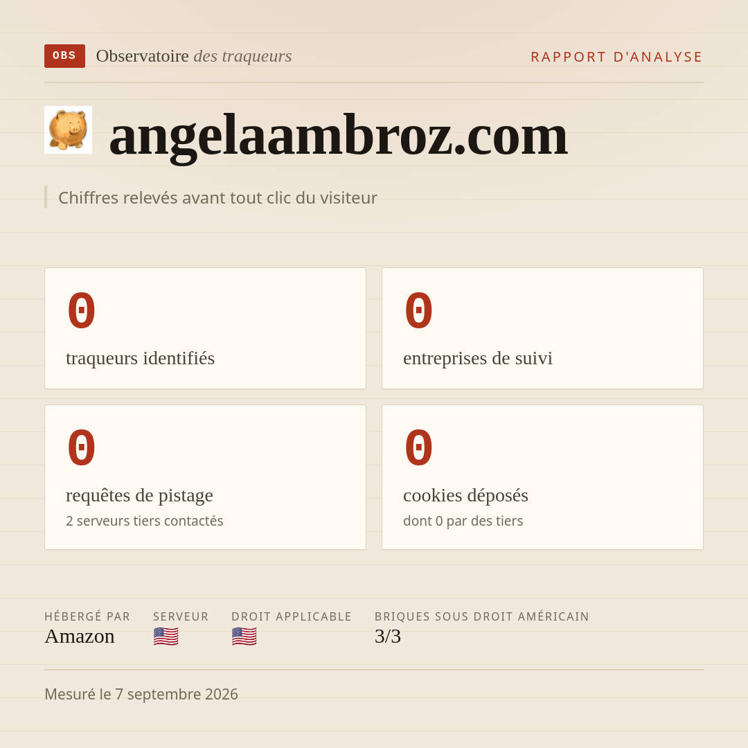 angelaambroz.com : 0 traqueurs identifiés, 0 entreprises de suivi, 0 requêtes de pistage. Chiffres relevés avant tout clic du visiteur.