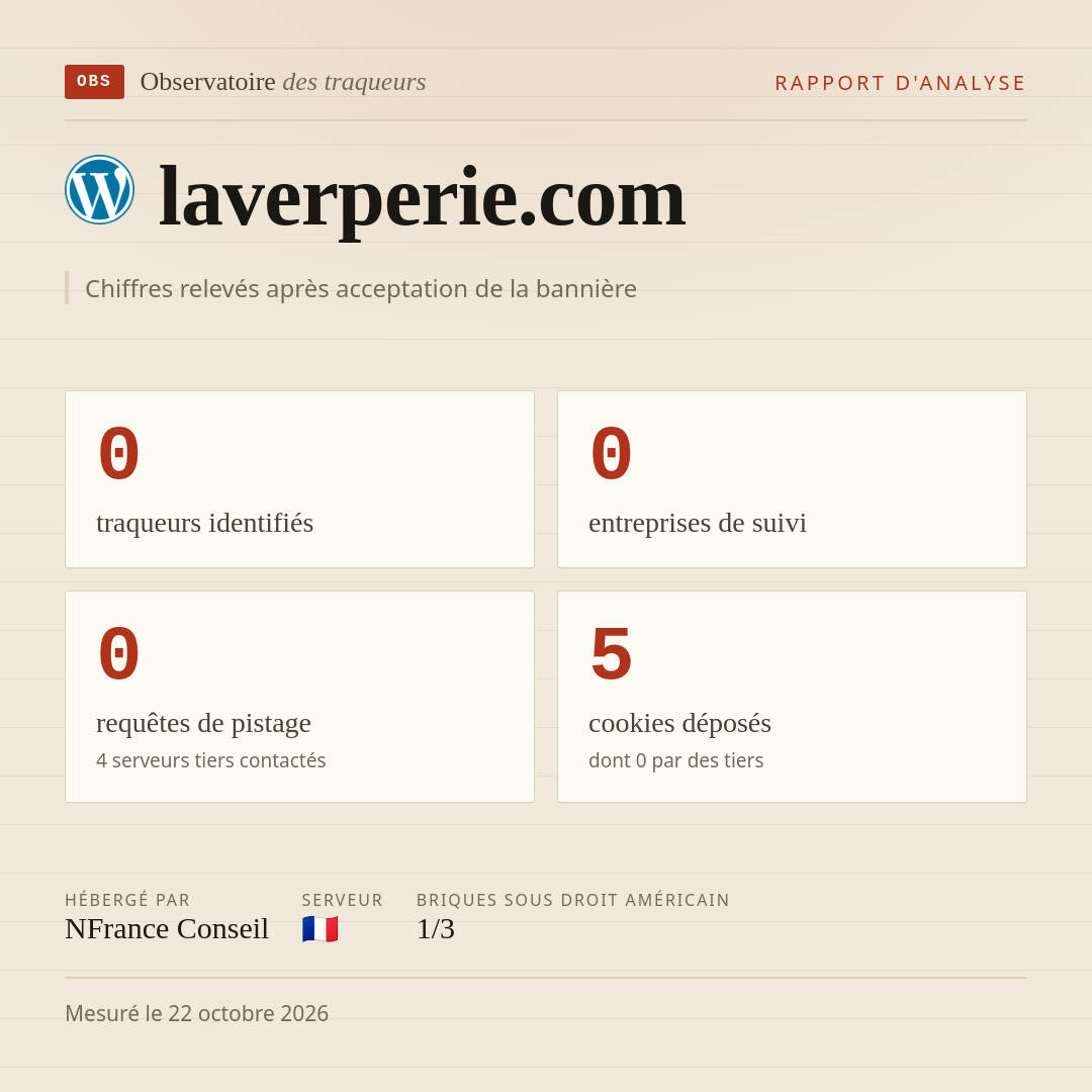 laverperie.com : 0 traqueurs identifiés, 0 entreprises de suivi, 0 requêtes de pistage. Chiffres relevés après acceptation de la bannière.