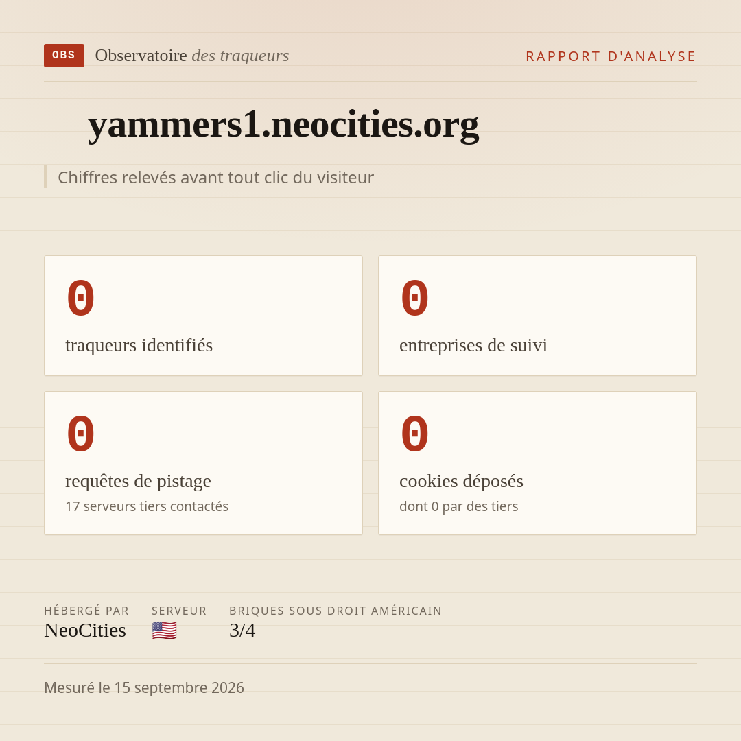 yammers1.neocities.org : 0 traqueurs identifiés, 0 entreprises de suivi, 0 requêtes de pistage. Chiffres relevés avant tout clic du visiteur.