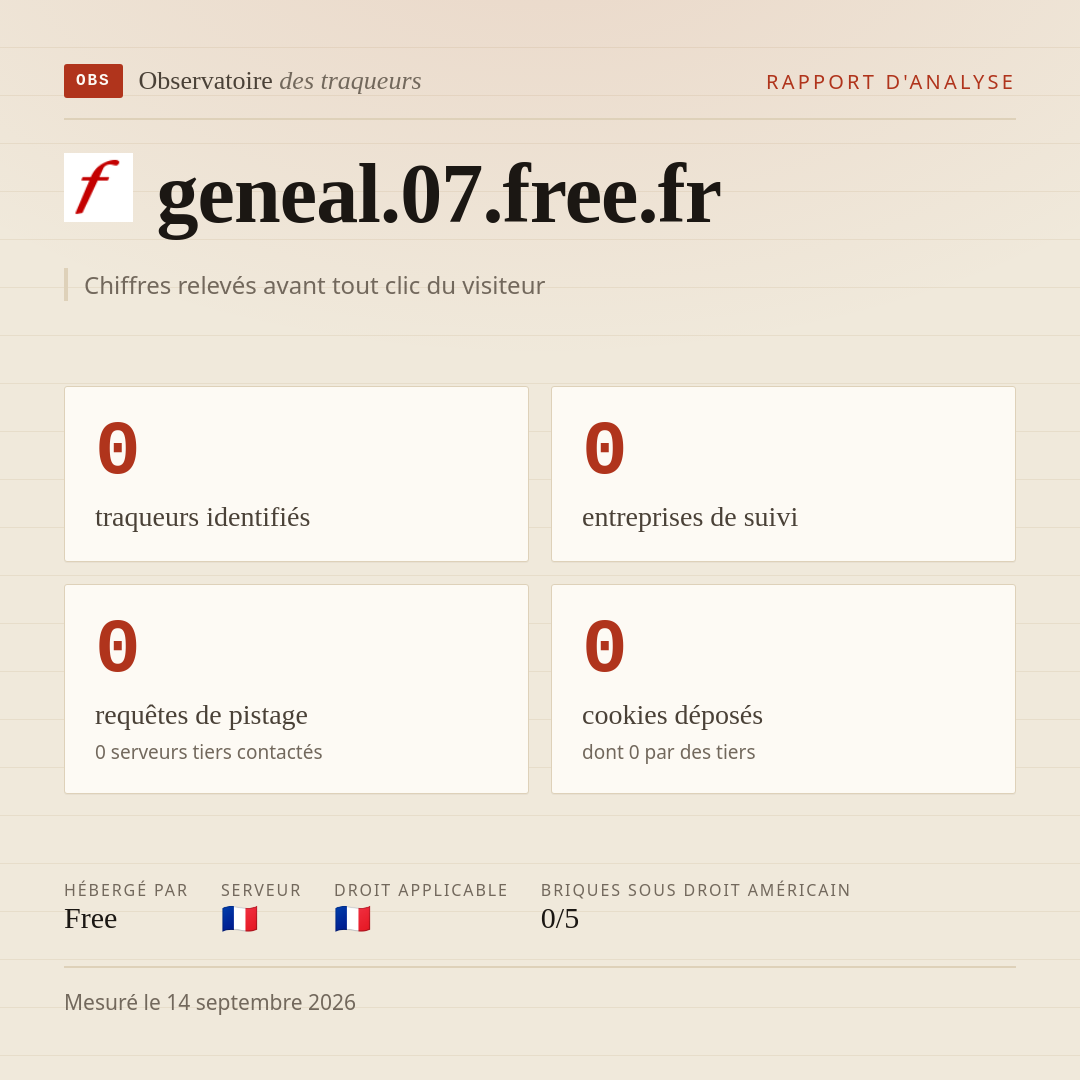 geneal.07.free.fr : 0 traqueurs identifiés, 0 entreprises de suivi, 0 requêtes de pistage. Chiffres relevés avant tout clic du visiteur.