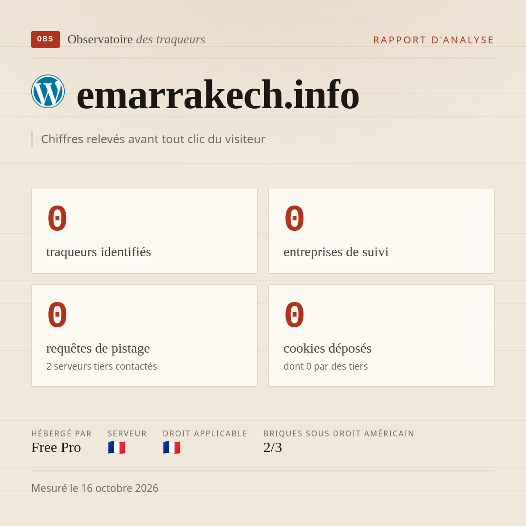 emarrakech.info : 0 traqueurs identifiés, 0 entreprises de suivi, 0 requêtes de pistage. Chiffres relevés avant tout clic du visiteur.