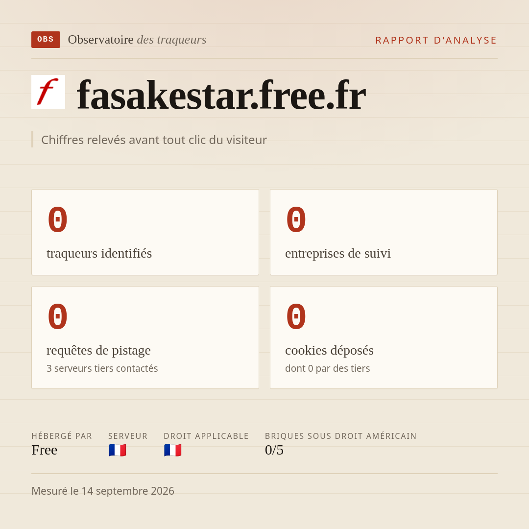 fasakestar.free.fr : 0 traqueurs identifiés, 0 entreprises de suivi, 0 requêtes de pistage. Chiffres relevés avant tout clic du visiteur.