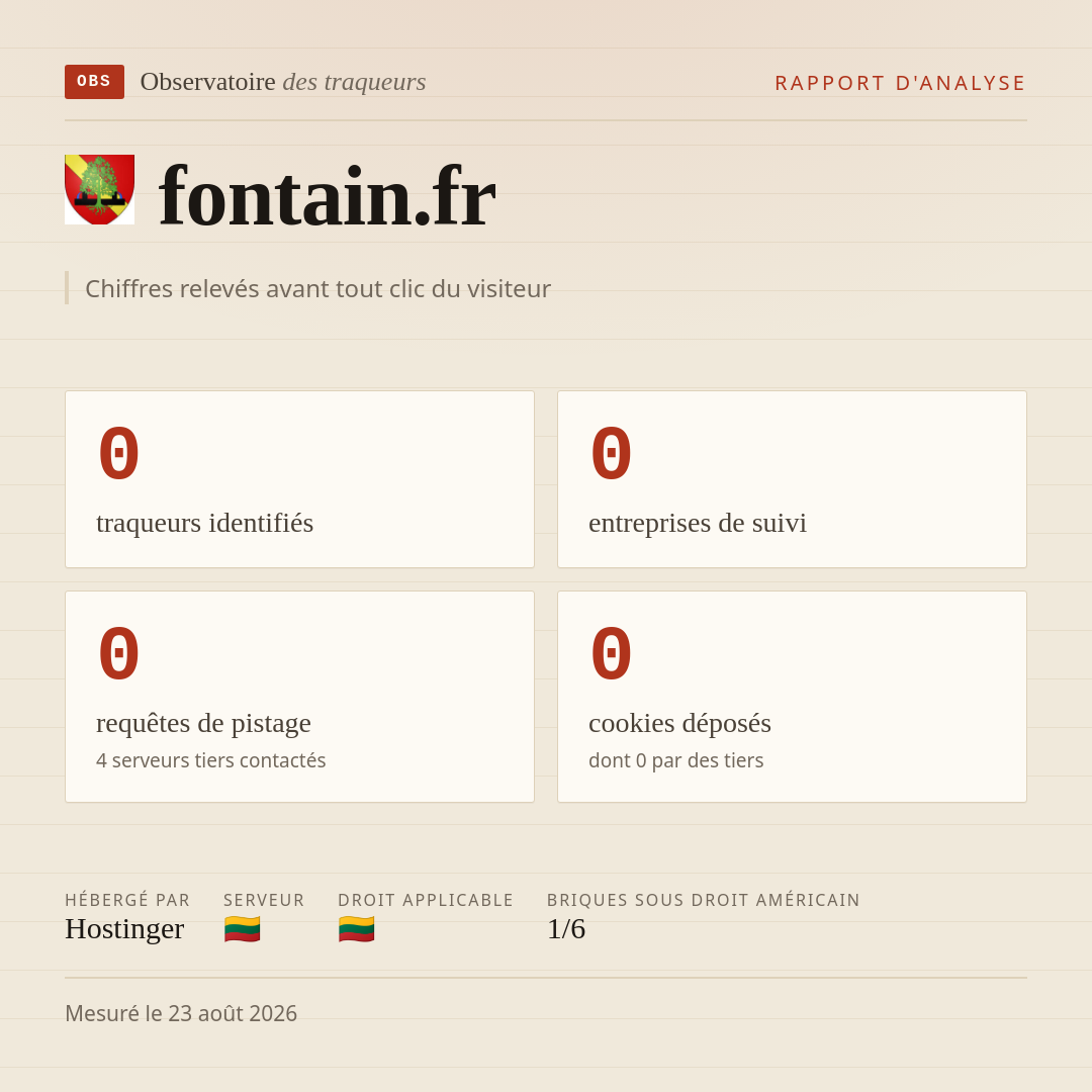 fontain.fr : 0 traqueurs identifiés, 0 entreprises de suivi, 0 requêtes de pistage. Chiffres relevés avant tout clic du visiteur.