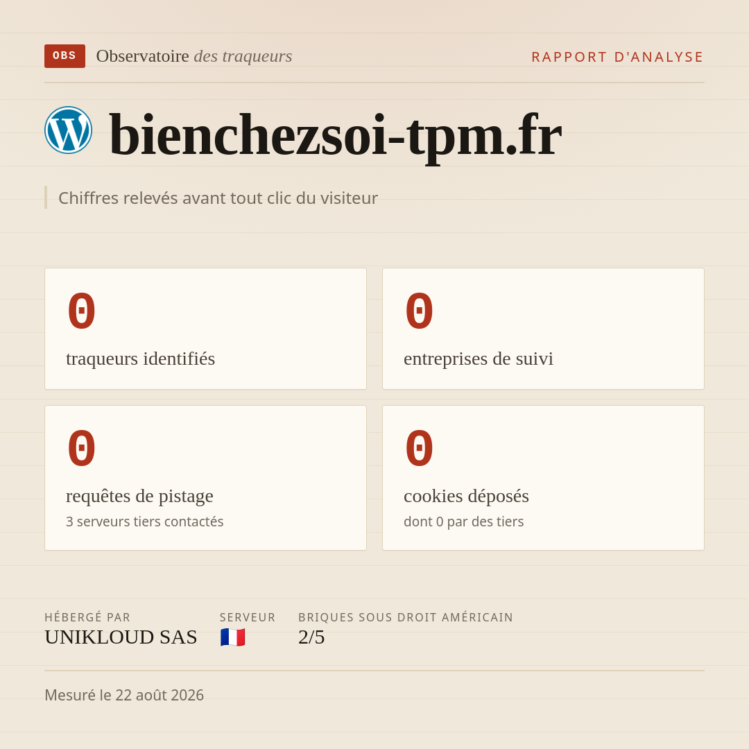 bienchezsoi-tpm.fr : 0 traqueurs identifiés, 0 entreprises de suivi, 0 requêtes de pistage. Chiffres relevés avant tout clic du visiteur.