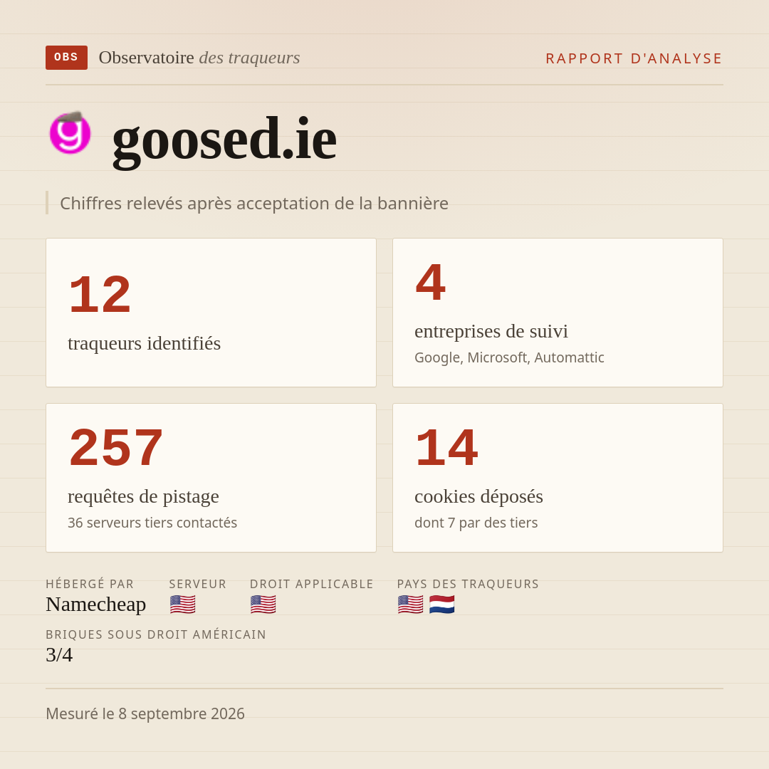 goosed.ie : 12 traqueurs identifiés, 4 entreprises de suivi, 257 requêtes de pistage. Chiffres relevés après acceptation de la bannière.