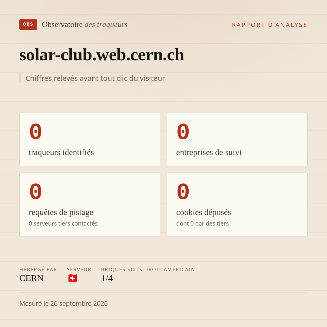 solar-club.web.cern.ch : 0 traqueurs identifiés, 0 entreprises de suivi, 0 requêtes de pistage. Chiffres relevés avant tout clic du visiteur.
