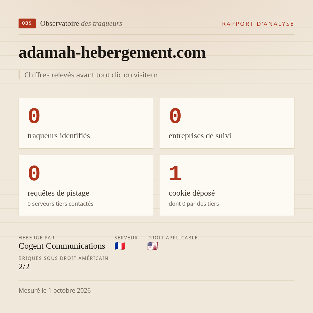 adamah-hebergement.com : 0 traqueurs identifiés, 0 entreprises de suivi, 0 requêtes de pistage. Chiffres relevés avant tout clic du visiteur.
