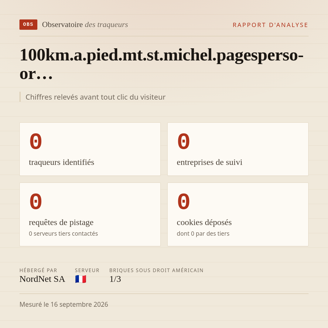 100km.a.pied.mt.st.michel.pagesperso-or… : 0 traqueurs identifiés, 0 entreprises de suivi, 0 requêtes de pistage. Chiffres relevés avant tout clic du visiteur.