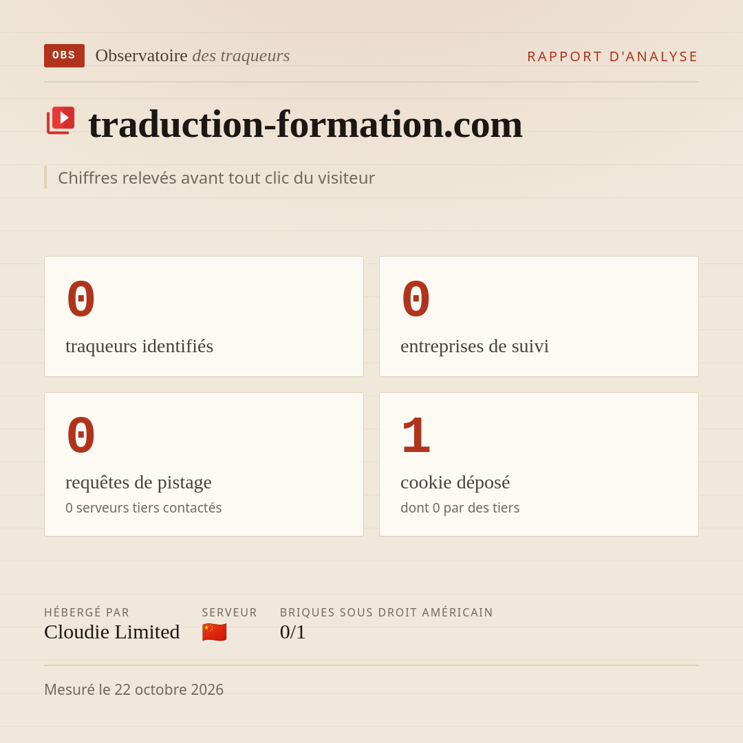traduction-formation.com : 0 traqueurs identifiés, 0 entreprises de suivi, 0 requêtes de pistage. Chiffres relevés avant tout clic du visiteur.