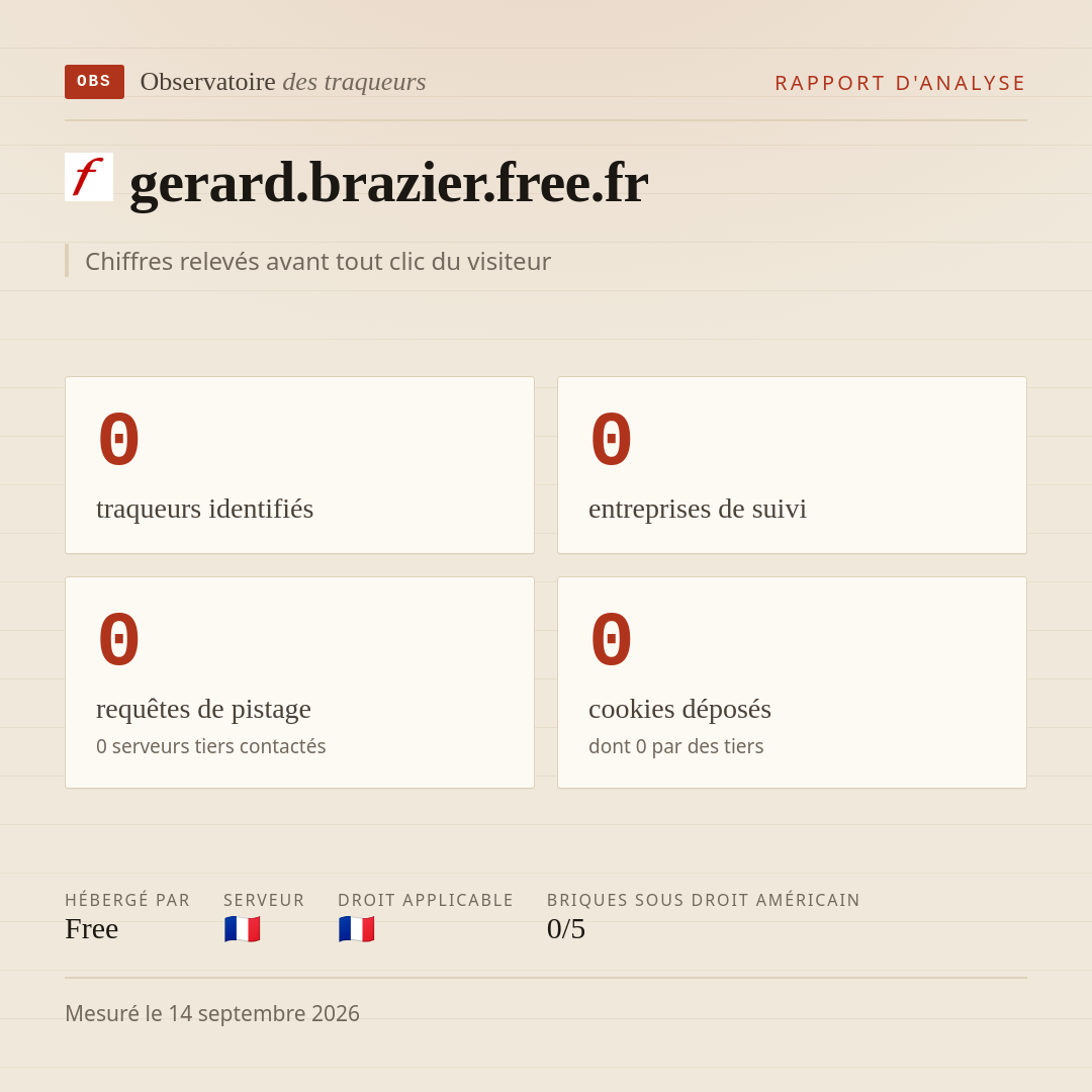 gerard.brazier.free.fr : 0 traqueurs identifiés, 0 entreprises de suivi, 0 requêtes de pistage. Chiffres relevés avant tout clic du visiteur.