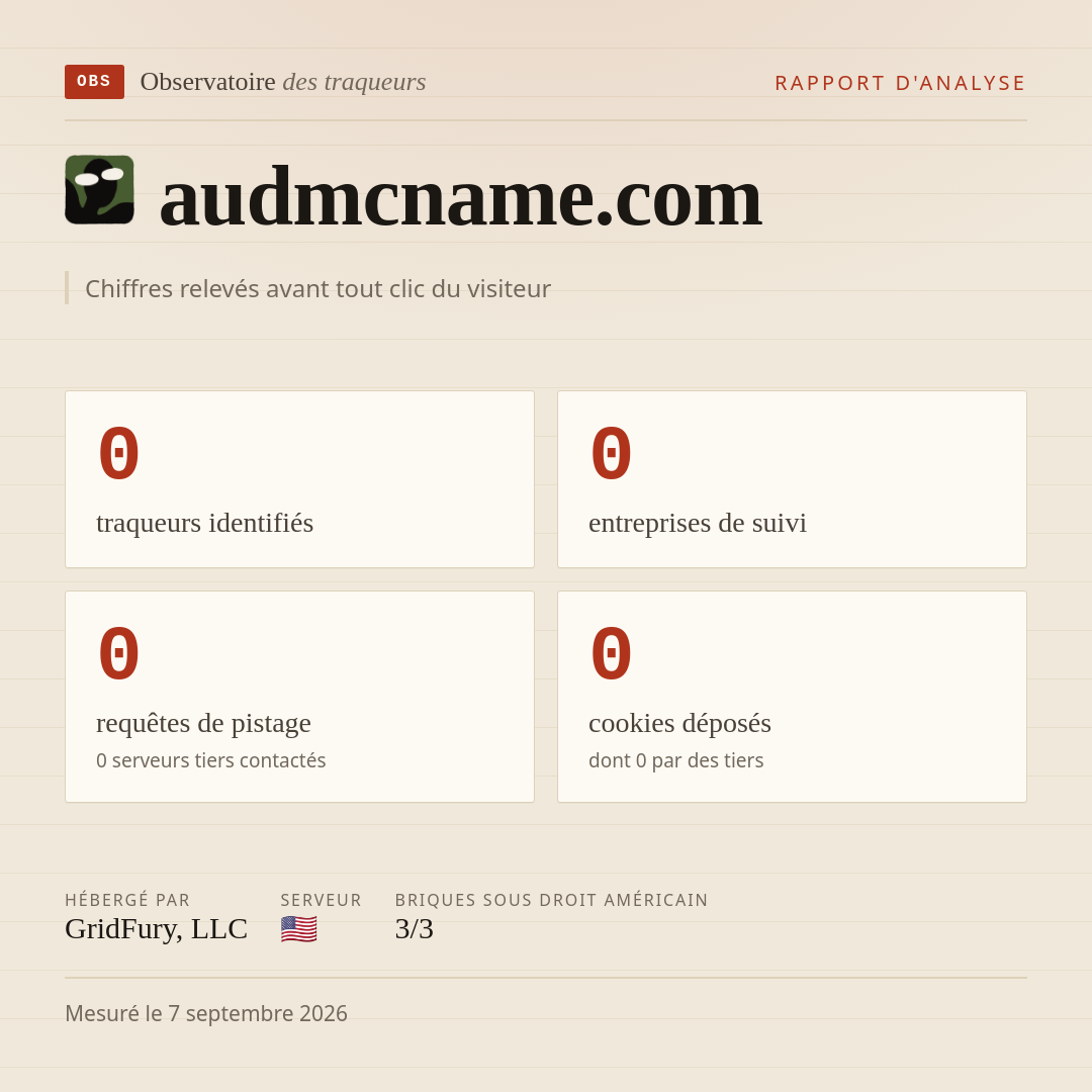 audmcname.com : 0 traqueurs identifiés, 0 entreprises de suivi, 0 requêtes de pistage. Chiffres relevés avant tout clic du visiteur.