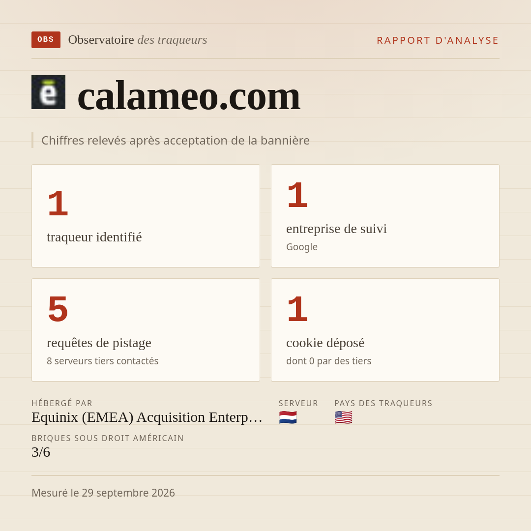 calameo.com : 1 traqueur identifié, 1 entreprise de suivi, 5 requêtes de pistage. Chiffres relevés après acceptation de la bannière.