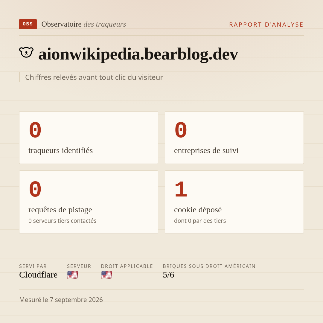 aionwikipedia.bearblog.dev : 0 traqueurs identifiés, 0 entreprises de suivi, 0 requêtes de pistage. Chiffres relevés avant tout clic du visiteur.