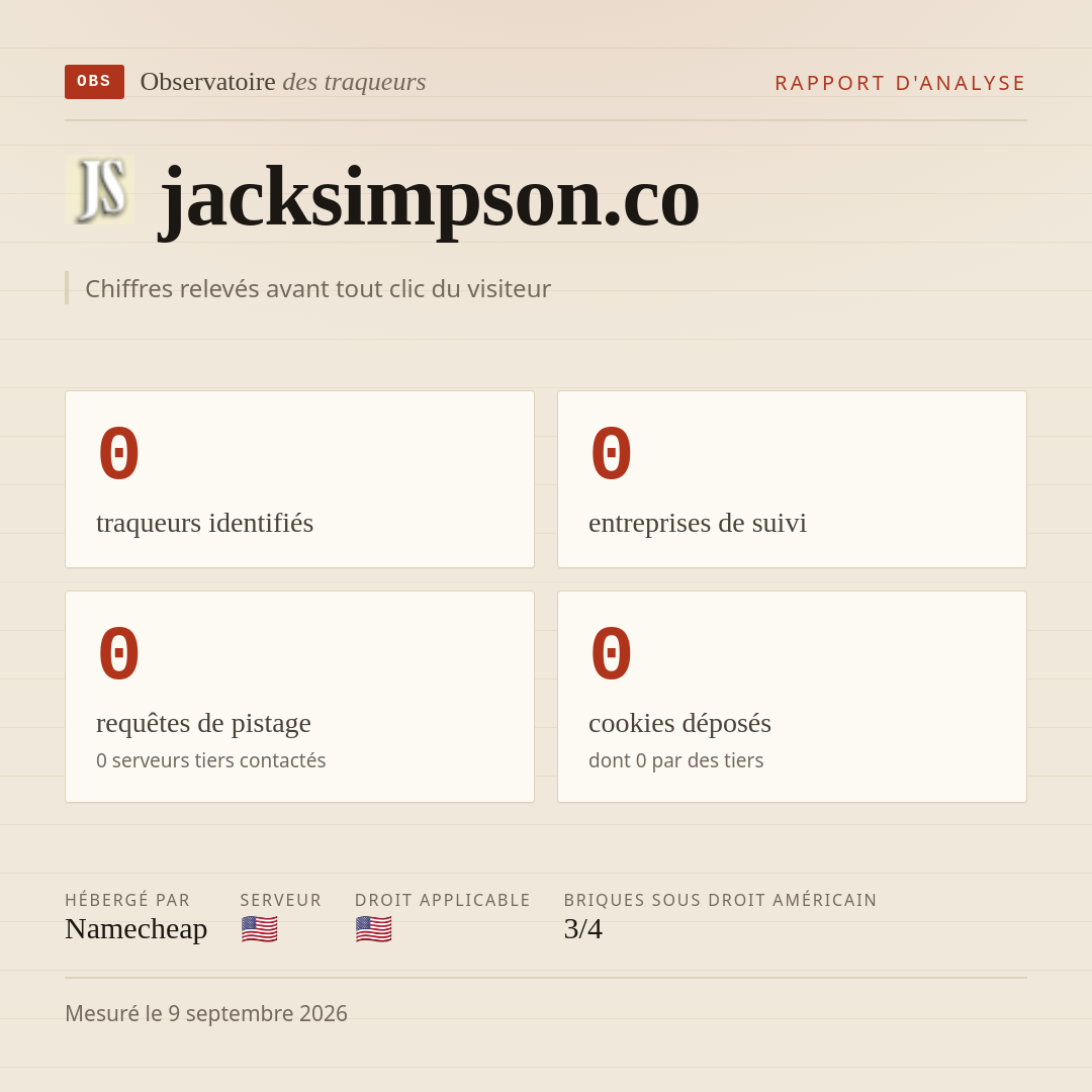 jacksimpson.co : 0 traqueurs identifiés, 0 entreprises de suivi, 0 requêtes de pistage. Chiffres relevés avant tout clic du visiteur.