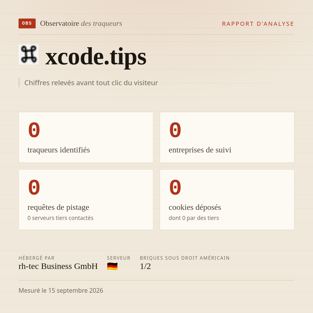 xcode.tips : 0 traqueurs identifiés, 0 entreprises de suivi, 0 requêtes de pistage. Chiffres relevés avant tout clic du visiteur.