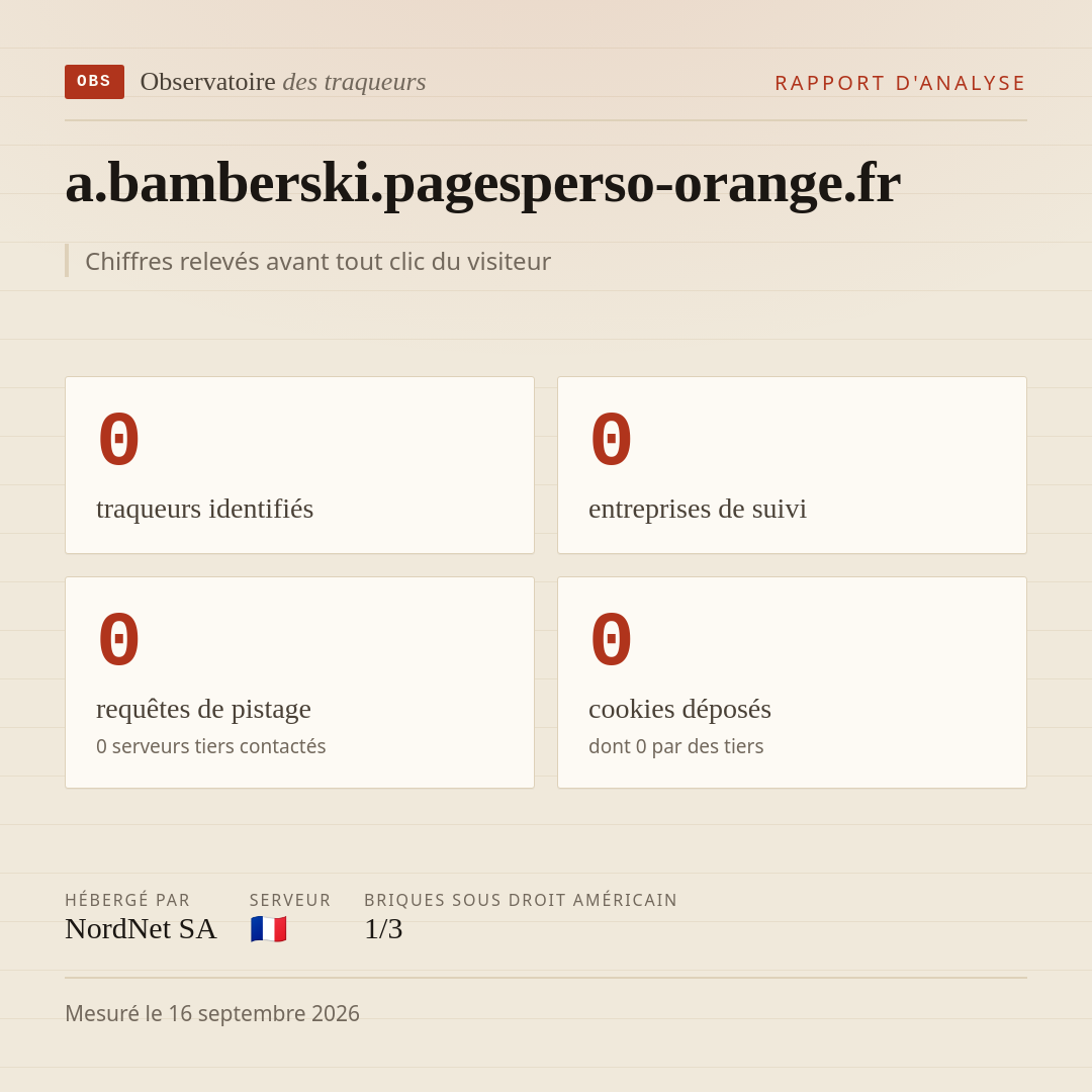 a.bamberski.pagesperso-orange.fr : 0 traqueurs identifiés, 0 entreprises de suivi, 0 requêtes de pistage. Chiffres relevés avant tout clic du visiteur.