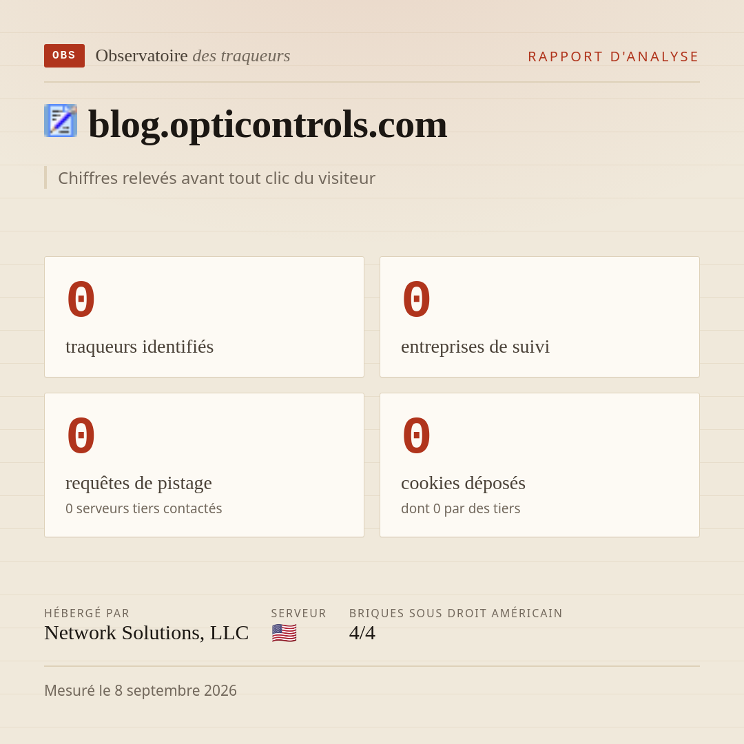 blog.opticontrols.com : 0 traqueurs identifiés, 0 entreprises de suivi, 0 requêtes de pistage. Chiffres relevés avant tout clic du visiteur.