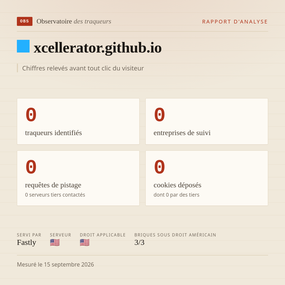 xcellerator.github.io : 0 traqueurs identifiés, 0 entreprises de suivi, 0 requêtes de pistage. Chiffres relevés avant tout clic du visiteur.
