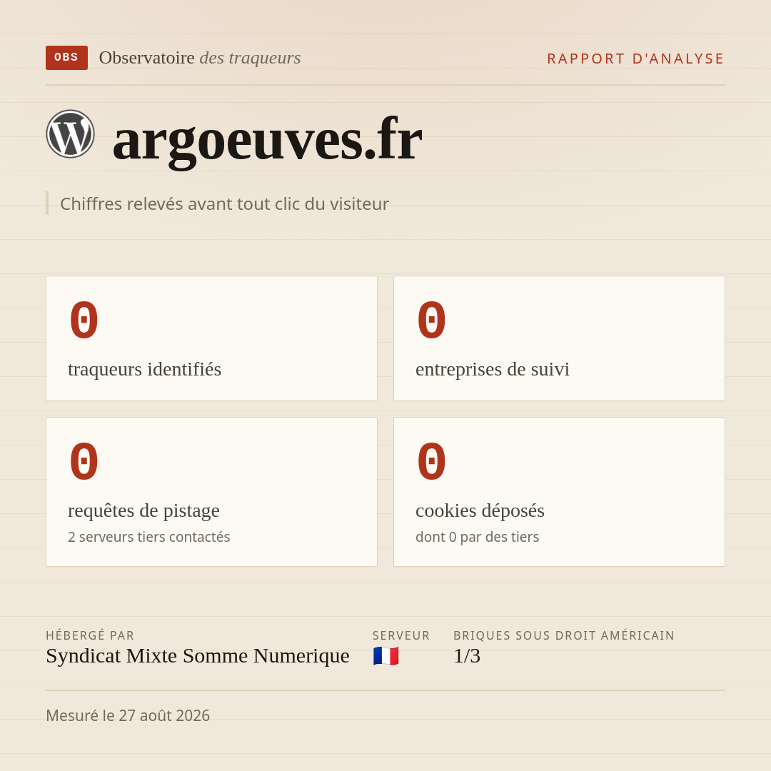 argoeuves.fr : 0 traqueurs identifiés, 0 entreprises de suivi, 0 requêtes de pistage. Chiffres relevés avant tout clic du visiteur.